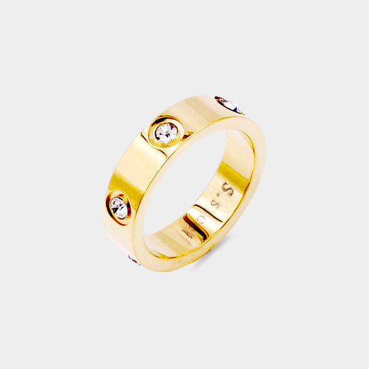 Stone Embellished Stainless Steel Band Ring
: Gold / 7