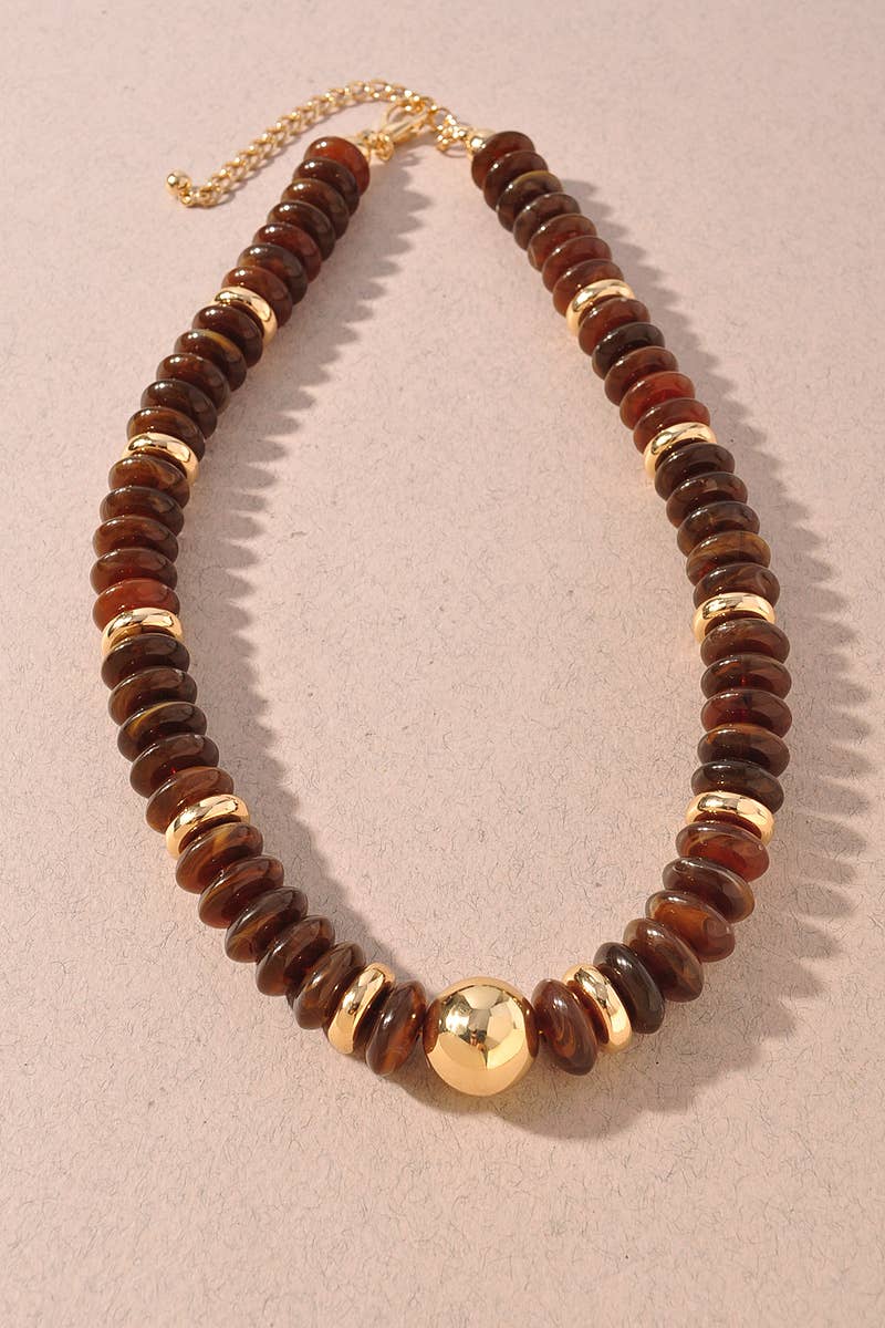 Color Disc Beaded Statement Necklace: Brown