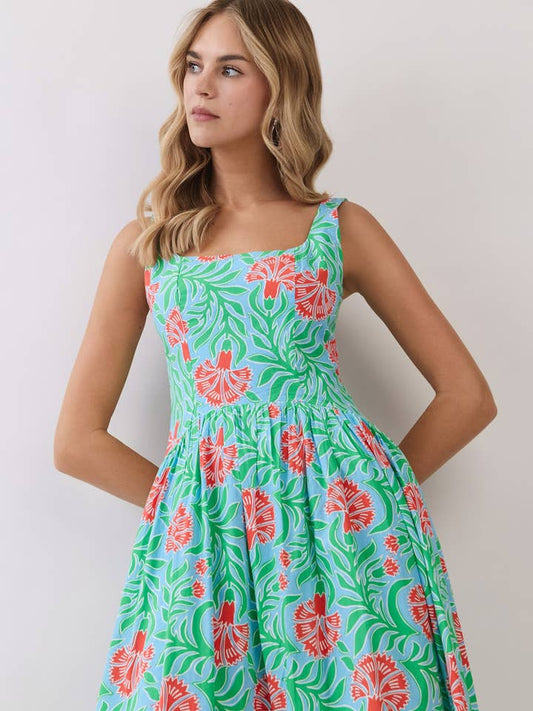 Tropical Floral Print Smocked Back Midi Dress