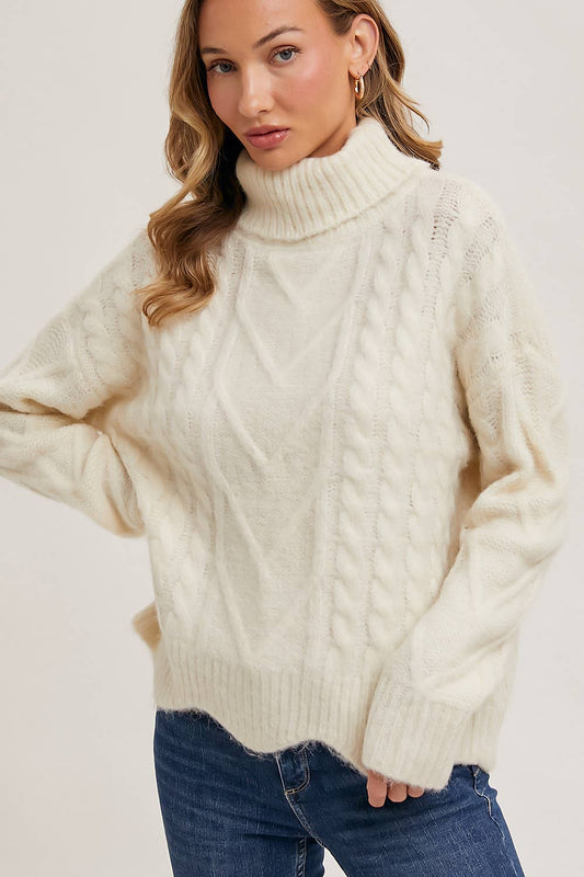 Turtle Neck Cable Knit Scallop Hem Sweater: Ivory