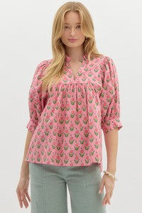 Riley Floral 3/4 Sleeve Top in Pink