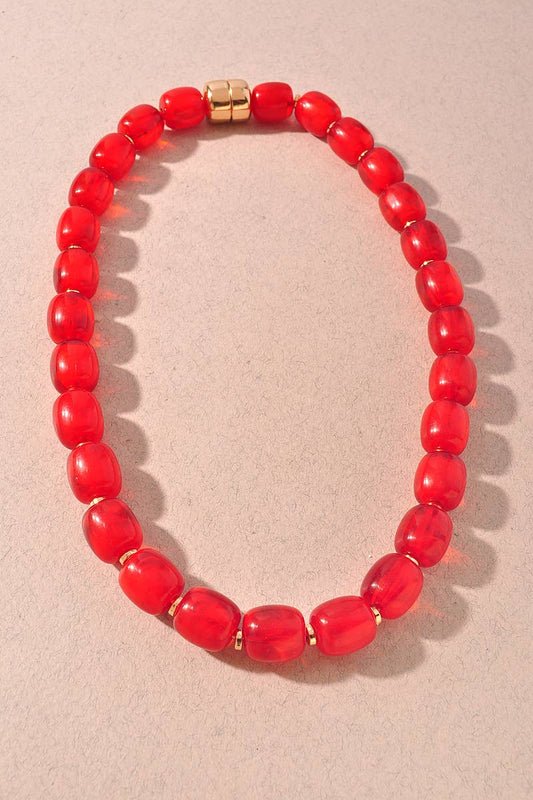 Marbled Resin Barrel Bead Statement Necklace: Red