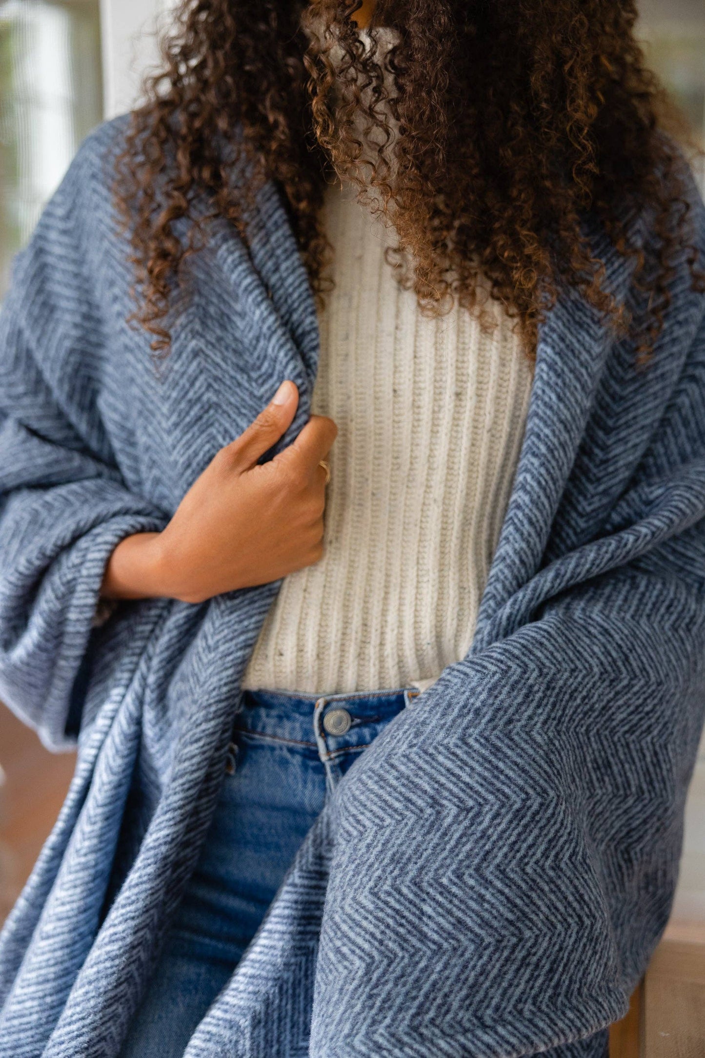 Bayside Herringbone Shawl - Midnight Navy