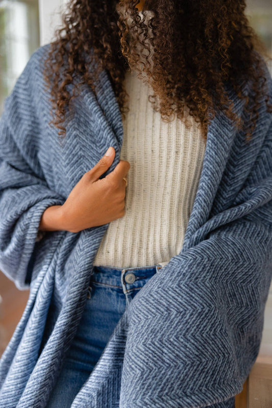 Bayside Herringbone Shawl - Midnight Navy