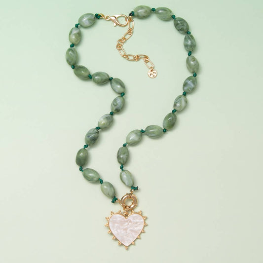 Pearlescent Heart Pendant Marbled Bead Necklace: Green