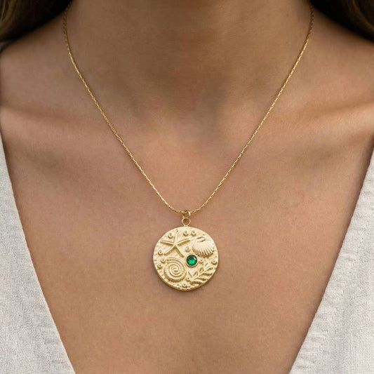 Ocean Motif Crystal Accent Coin Pendant Necklace: G