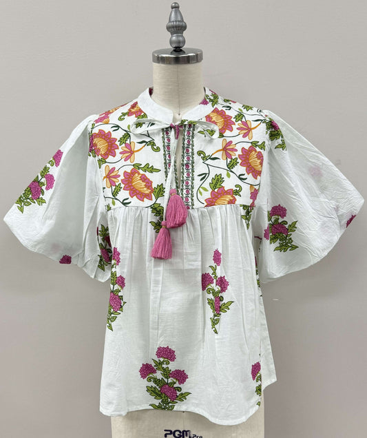 Puff Sleeve Floral Tassel Tie Top in White