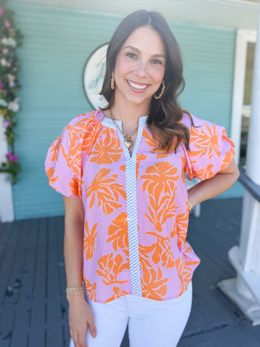 Puff Sleeve Floral Pattern Top in Pink