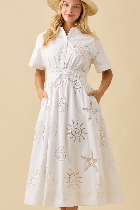 Seashell Embroidered Lace Midi Collar Summer Dress
