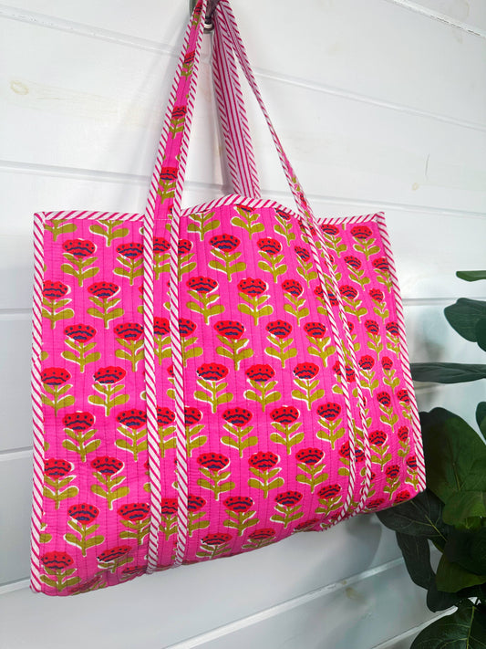 Quilted Tote Bag | Pink Floral Bag | Large Shopping Tote Bag