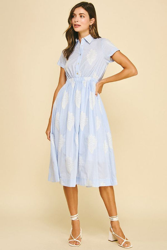 Striped Leaf Embroidered MIDI Dress in Light Blue