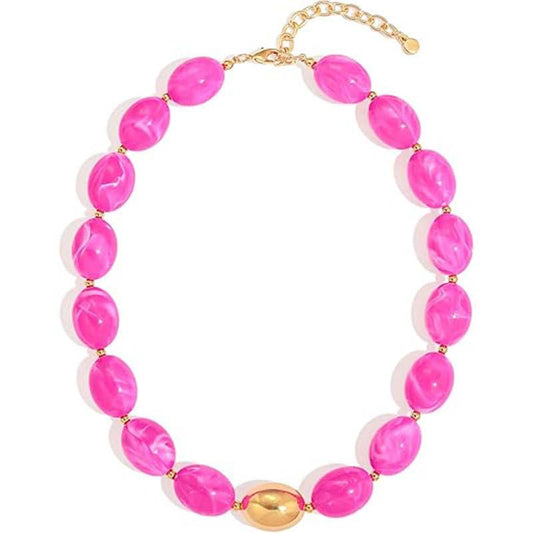 Oval Resin Bead Choker Necklace Beach Vacation Style: Rose / M