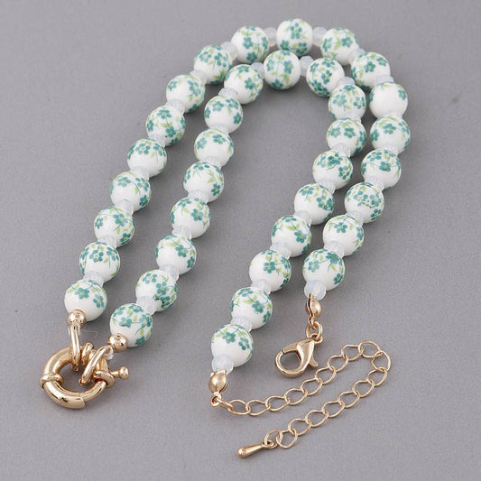 Flower Beaded Necklace: Green