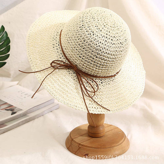 Casual Wide Brim Foldable Beach Straw Hat: Ivory