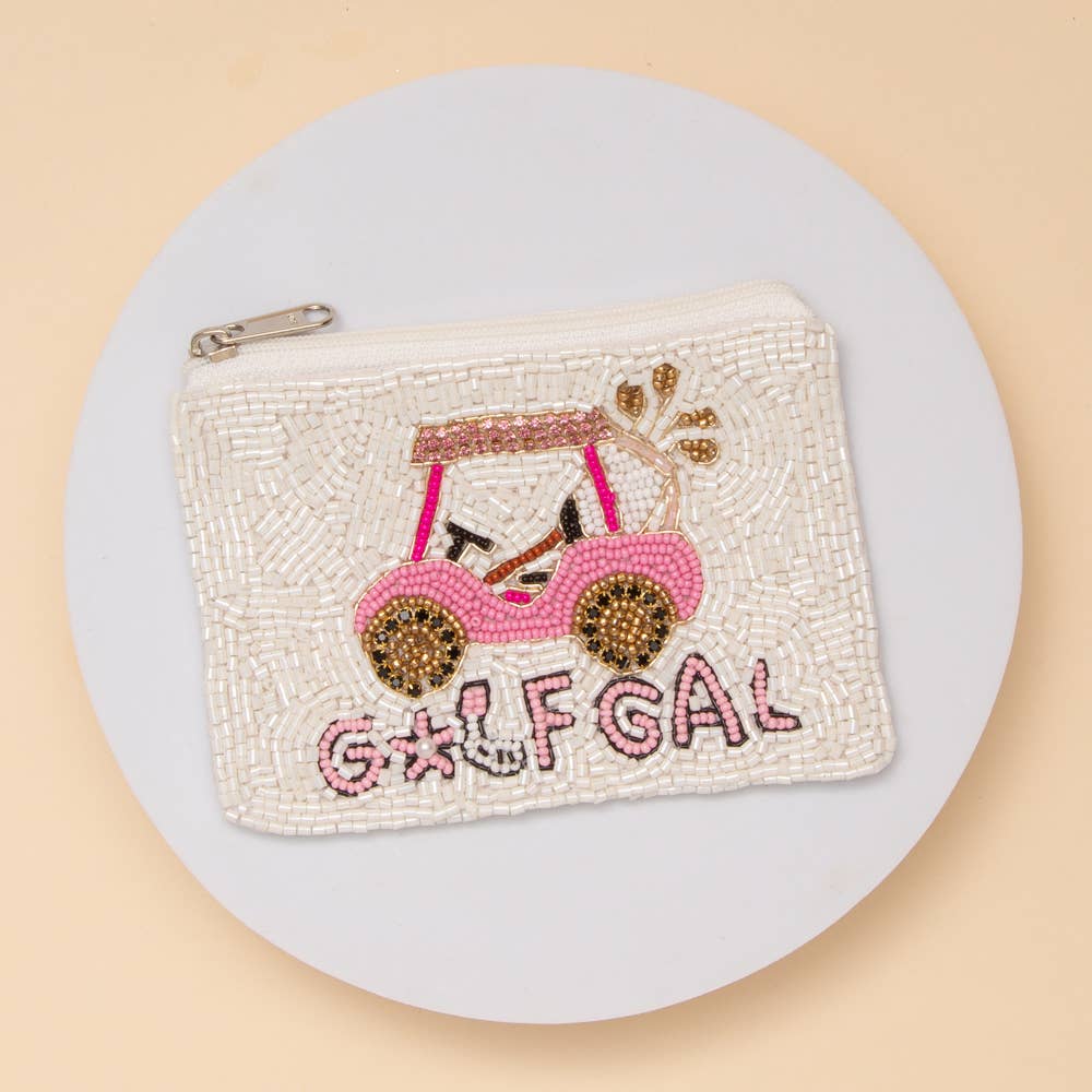 Golf Gal Coin Seed Beaded Bag With Pink Cart