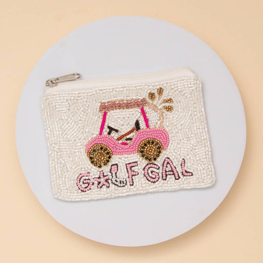 Golf Gal Coin Seed Beaded Bag With Pink Cart