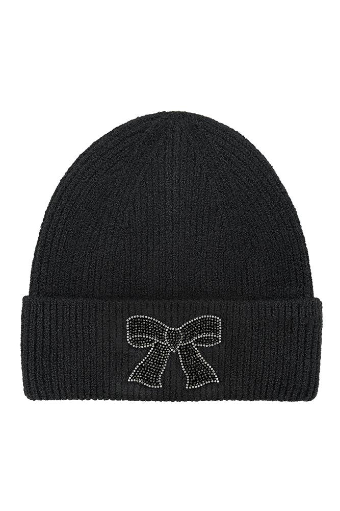 C.C Rhinestone Ribbon Embellishment Beanie: Black