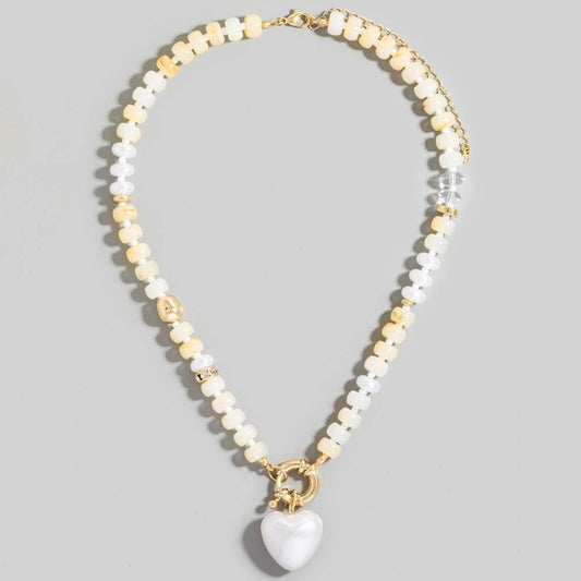 Gold & Ivory Pearl Heart Pendant Mixed Beaded Necklace: