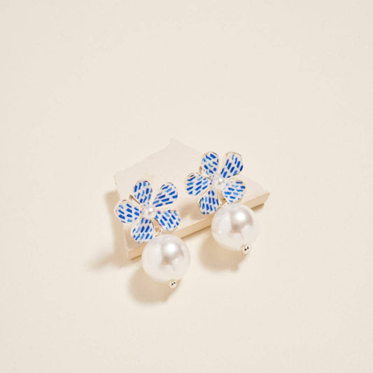1.5 Inch Colorful Pattern Flower Pearl Earrings: Silver/Blue / ONE