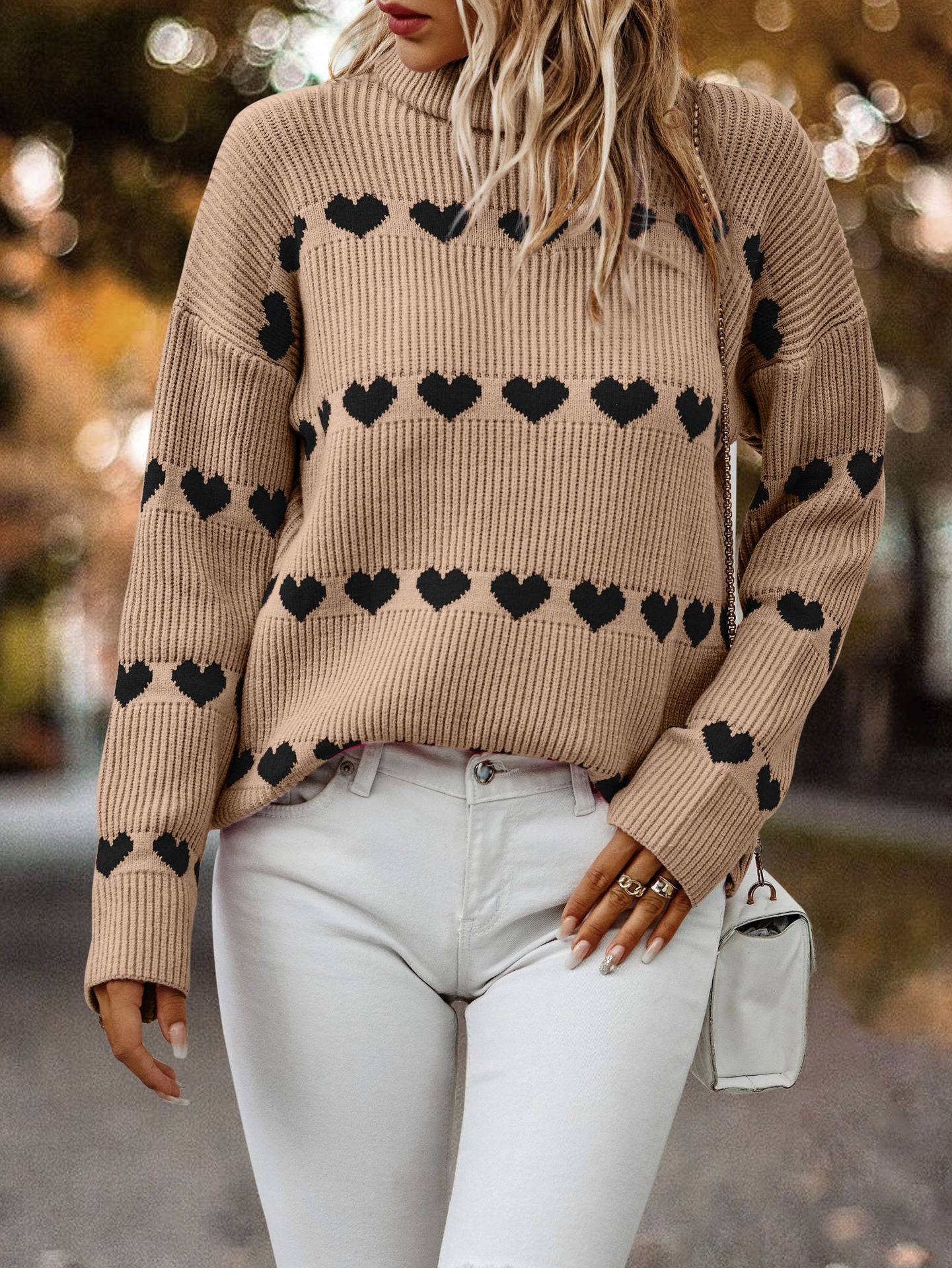 Ribbed Knit Turtleneck Heart Sweater in Khaki — She la la