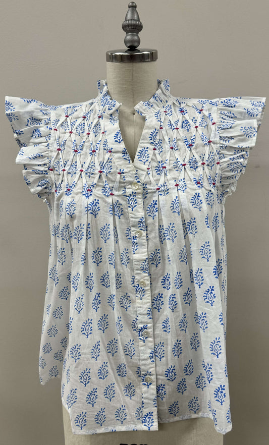 Button Up Flower Print Top  in White