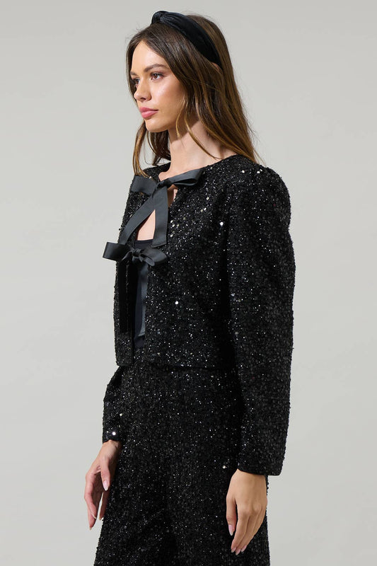 Katy Sequin Bow Tie Cardigan: Black