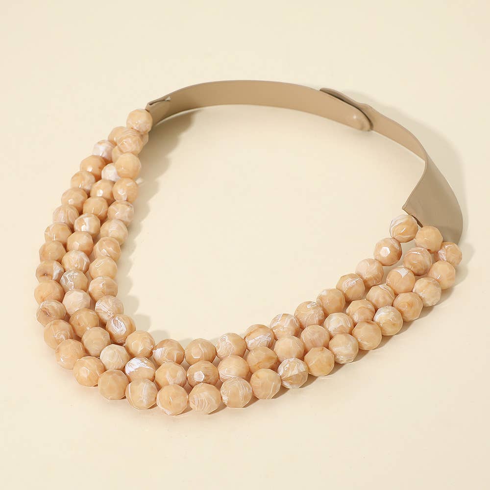 Chunky Bead Triple Layered Faux Leather Magnetic Necklace: Beige