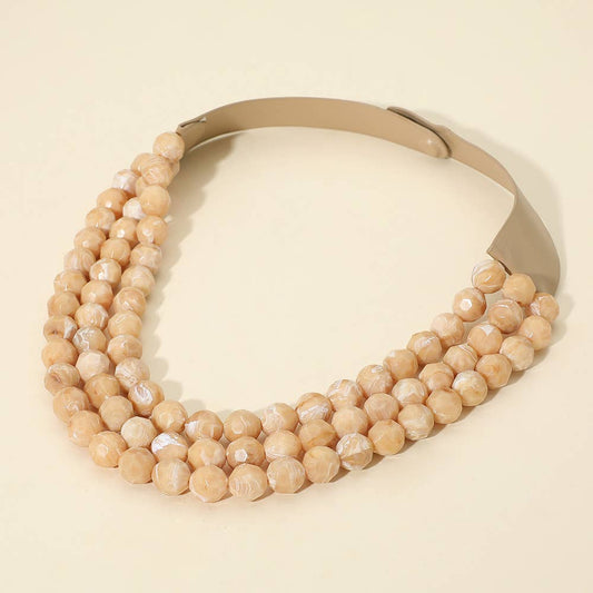 Chunky Bead Triple Layered Faux Leather Magnetic Necklace: Beige