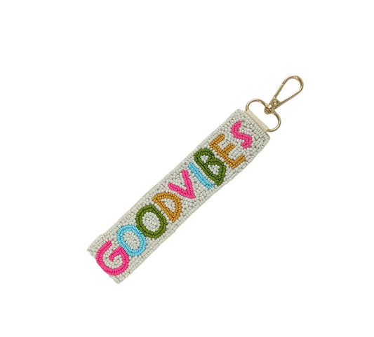 Ladies Good Vibes Beaded Wristlet Strap Key Chain