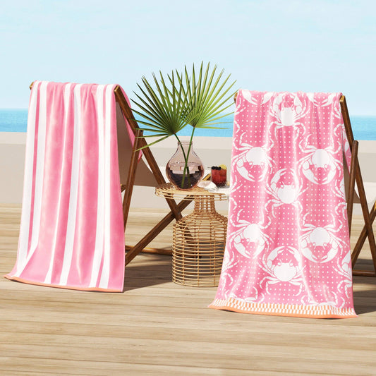 Cotton Velour Beach Towel - Maui Collection: Pink/White Crabs / Stripe