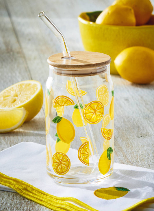 Lemon Lidded Glass Tumbler W Straw Yellow Multi Summer