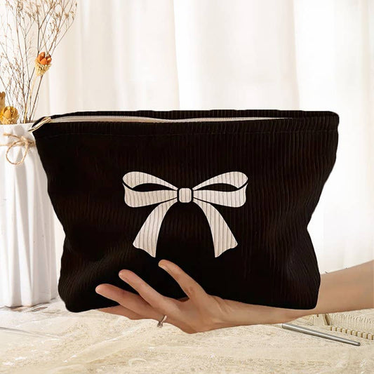 Travel Checker Bow Cosmetic Makeup Pouch Bag | Black
