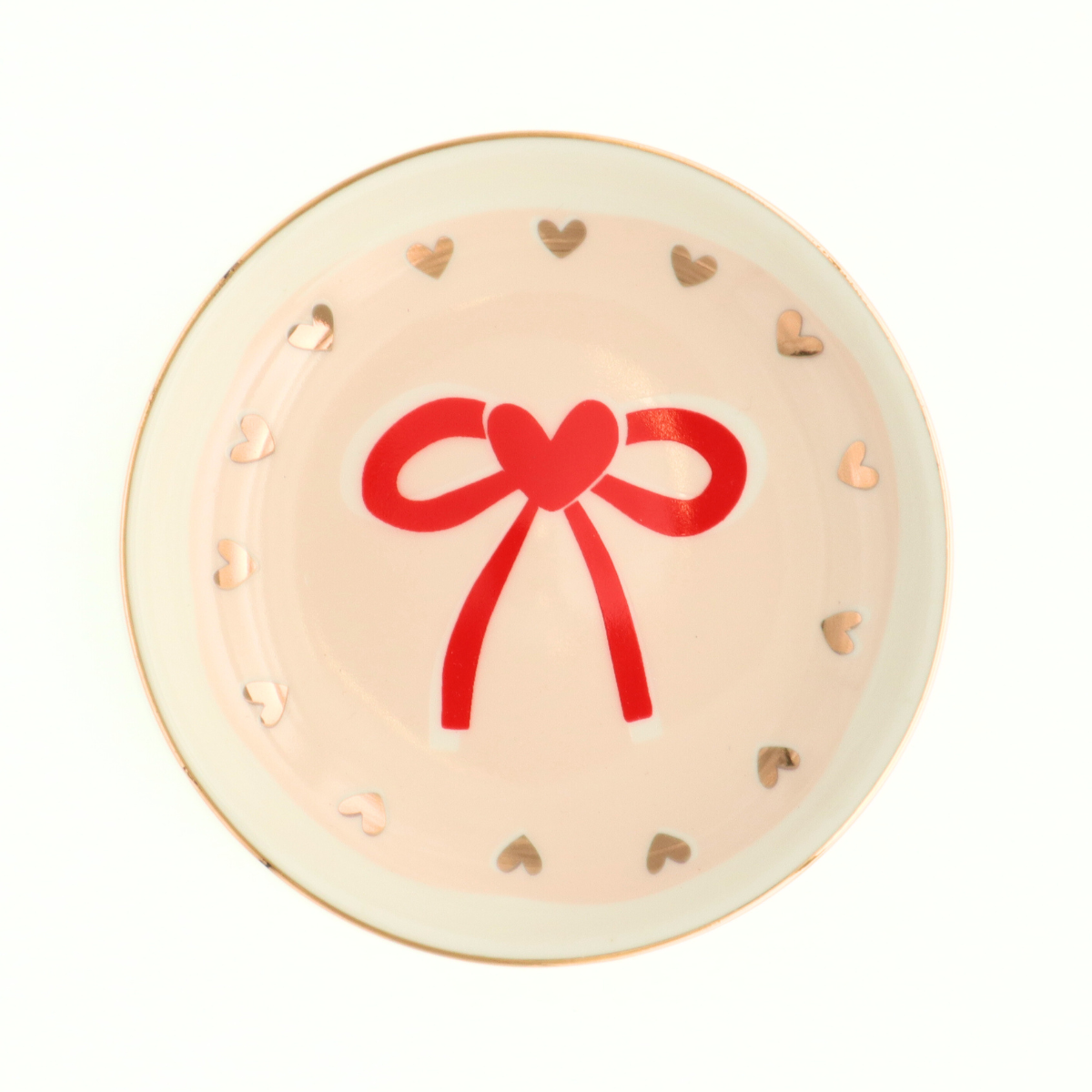 Round Trinket Tray Red Bow Gold Heart