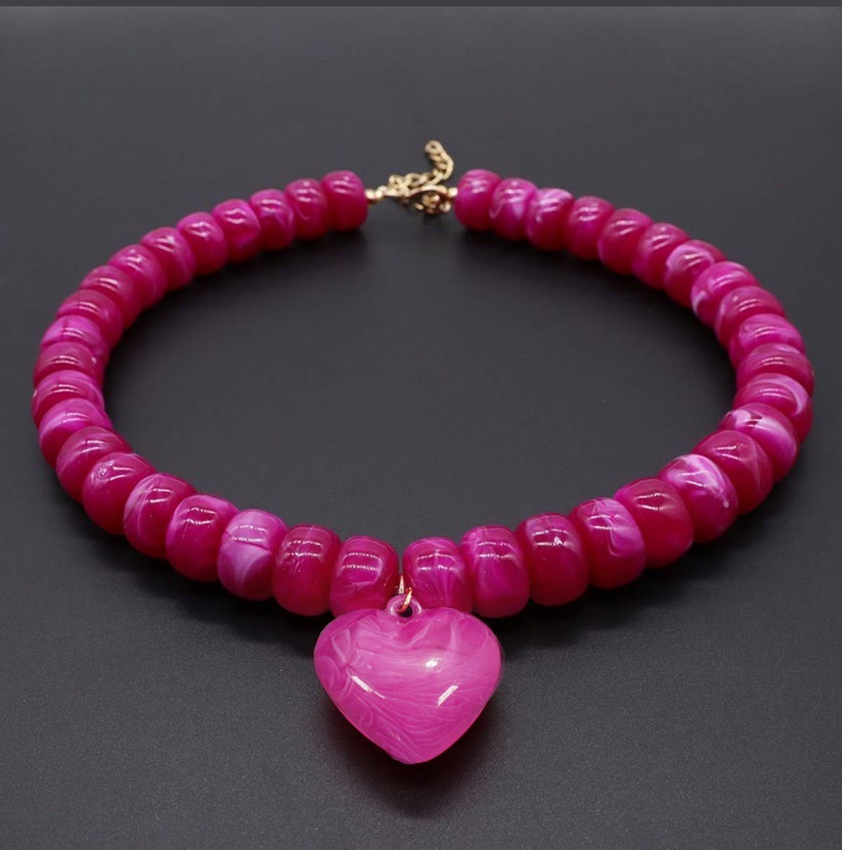 Heart Pendant Resin Beaded Necklaces | Fuchsia