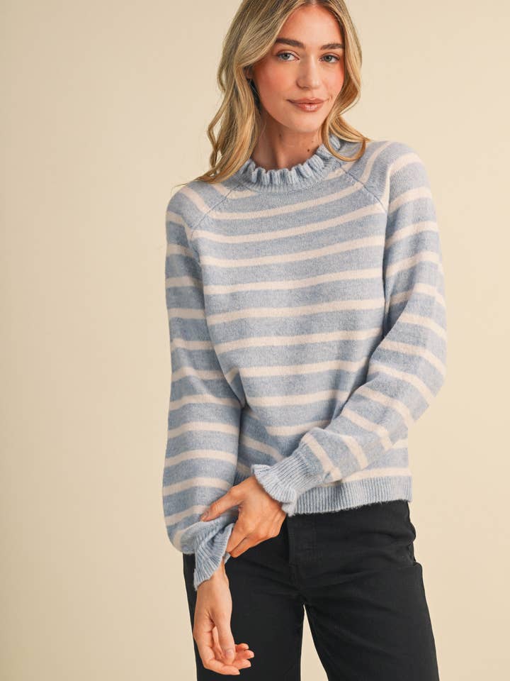 Ruffled Striped Sweater: Powder Blue Ivory