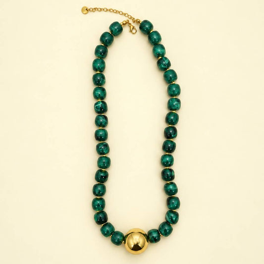 Barrel Beaded & Gold Ball Centerpiece Necklace | Green