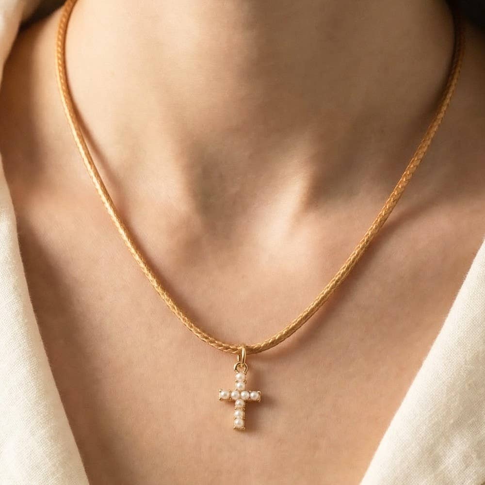 Mini Pearl Beaded Cross Cord Necklace: BR