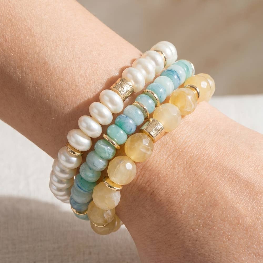 3 Strand Mixed Stone And Pearl Stretch Bracelet: NU