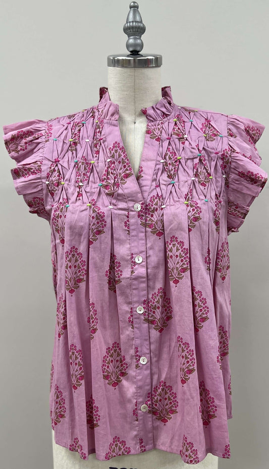 Button Up Flower Print Top in Pink