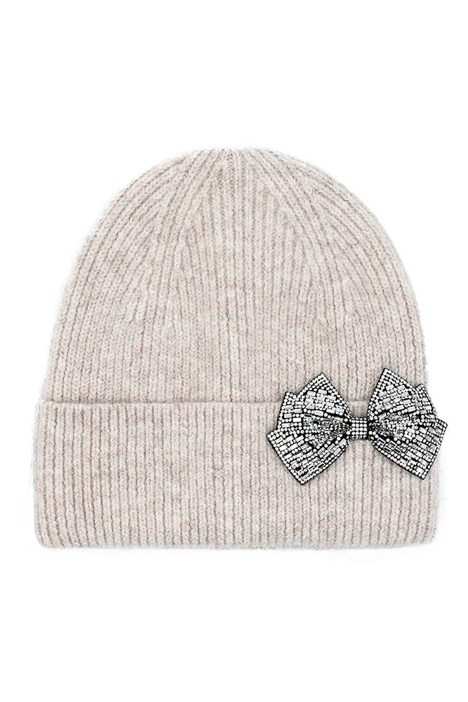 C.C Rhinestone Bow Cuff Beanie: Oatmeal