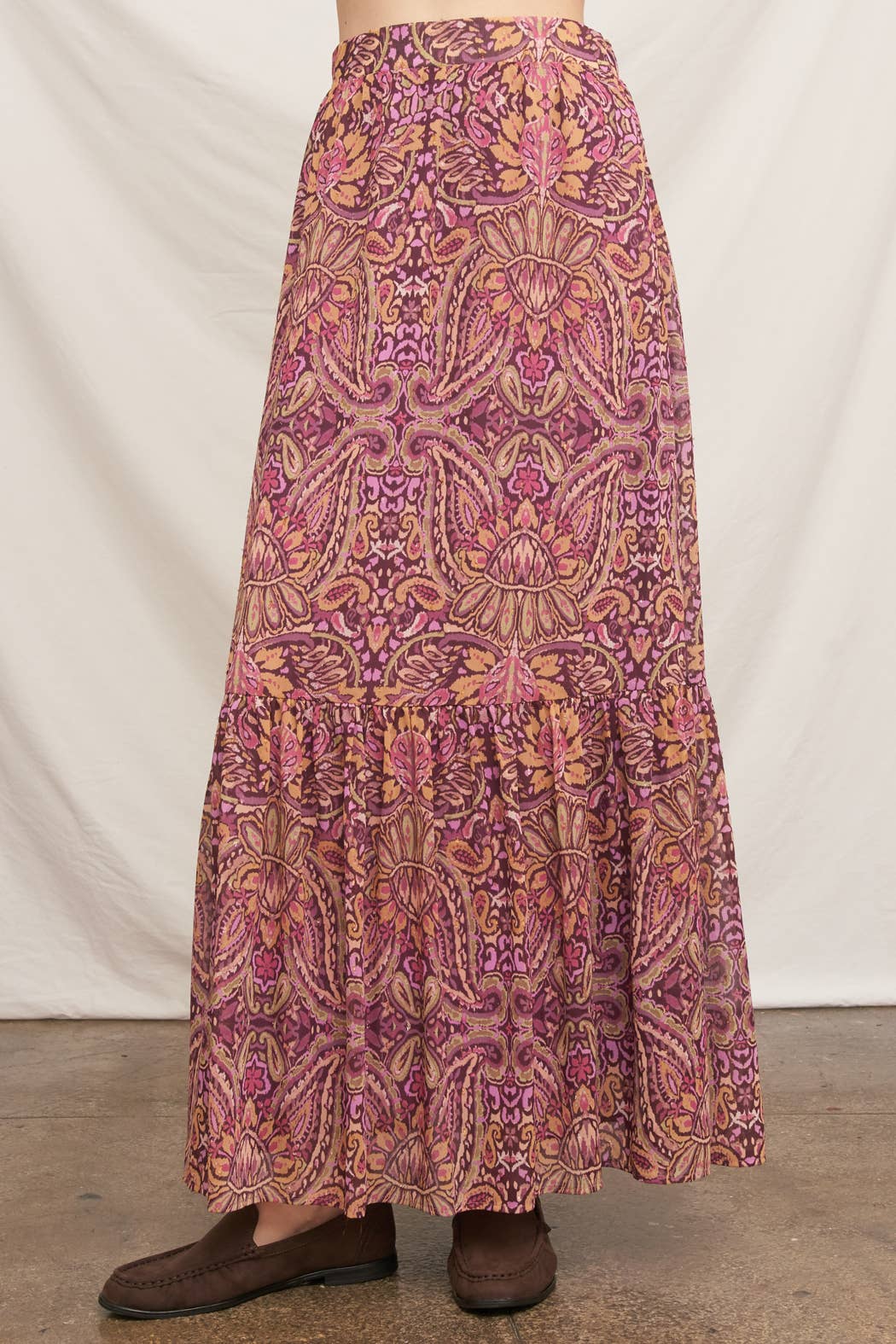 Paisley Print Tiered Maxi Skirt: Purple Multi