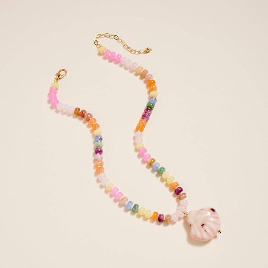 17 In Ombre Beaded Ceramic Shell Pendant Necklace: Pink