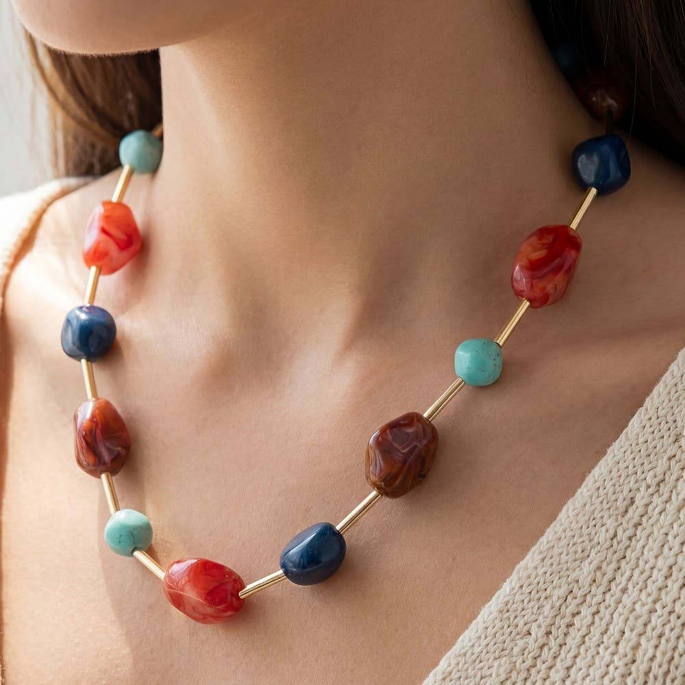 Gold Dipped Marble Acrylic Beads And Metallic Tubes Necklace: GDTQS