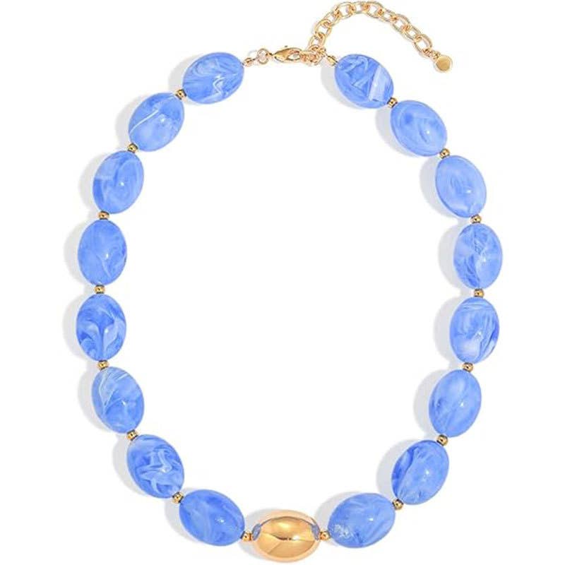 Oval Resin Bead Choker Necklace Beach Vacation Style: Navy / M