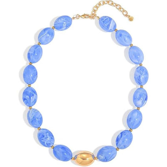 Oval Resin Bead Choker Necklace Beach Vacation Style: Navy / M