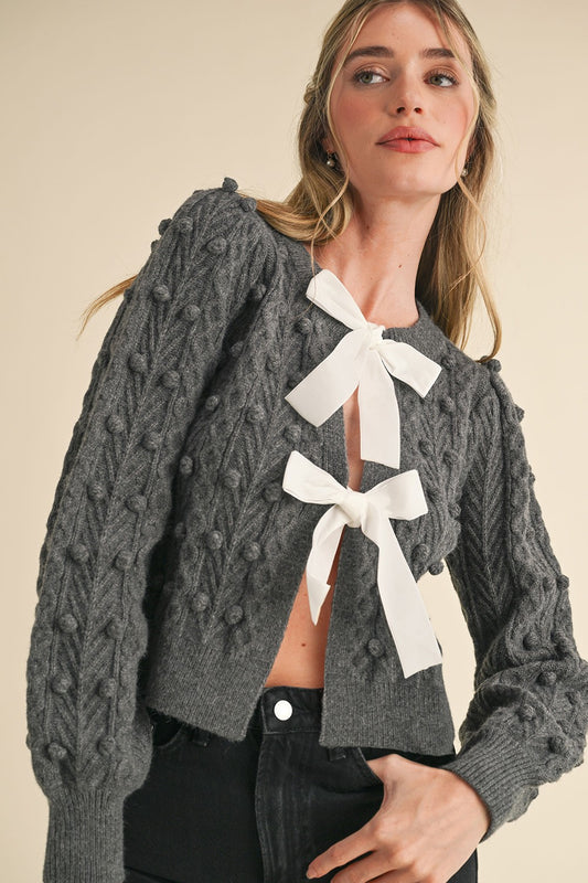 Bow Front Cable Knit Sweater Cardigan in Charcoal