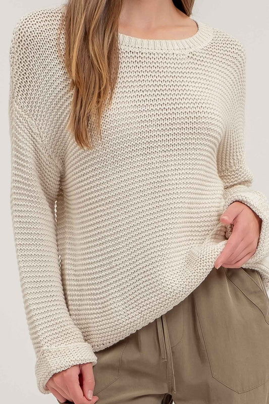 Chunky Knit Long Cuff Sleeve Pullover Sweater in Oatmeal