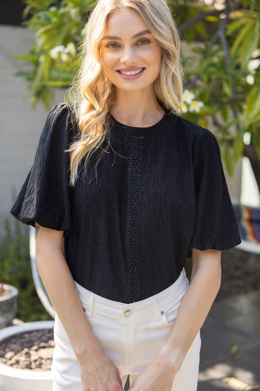 Shimmery Pearl Detailed Puff Sleeve Top in Black