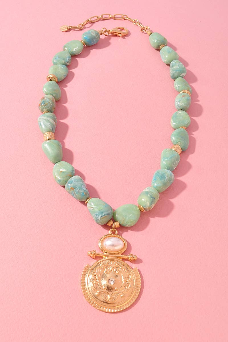 Mint Marble Beaded Medallion Pendant Necklace: Turquoise