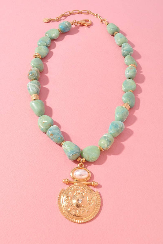 Mint Marble Beaded Medallion Pendant Necklace: Turquoise